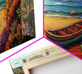 Beach Rowboat Painting, Tranquil Shoreline Scene, Coastal Landscape Art, Summer Lake House Style, Framed Canvas Print, Nature Wall Art