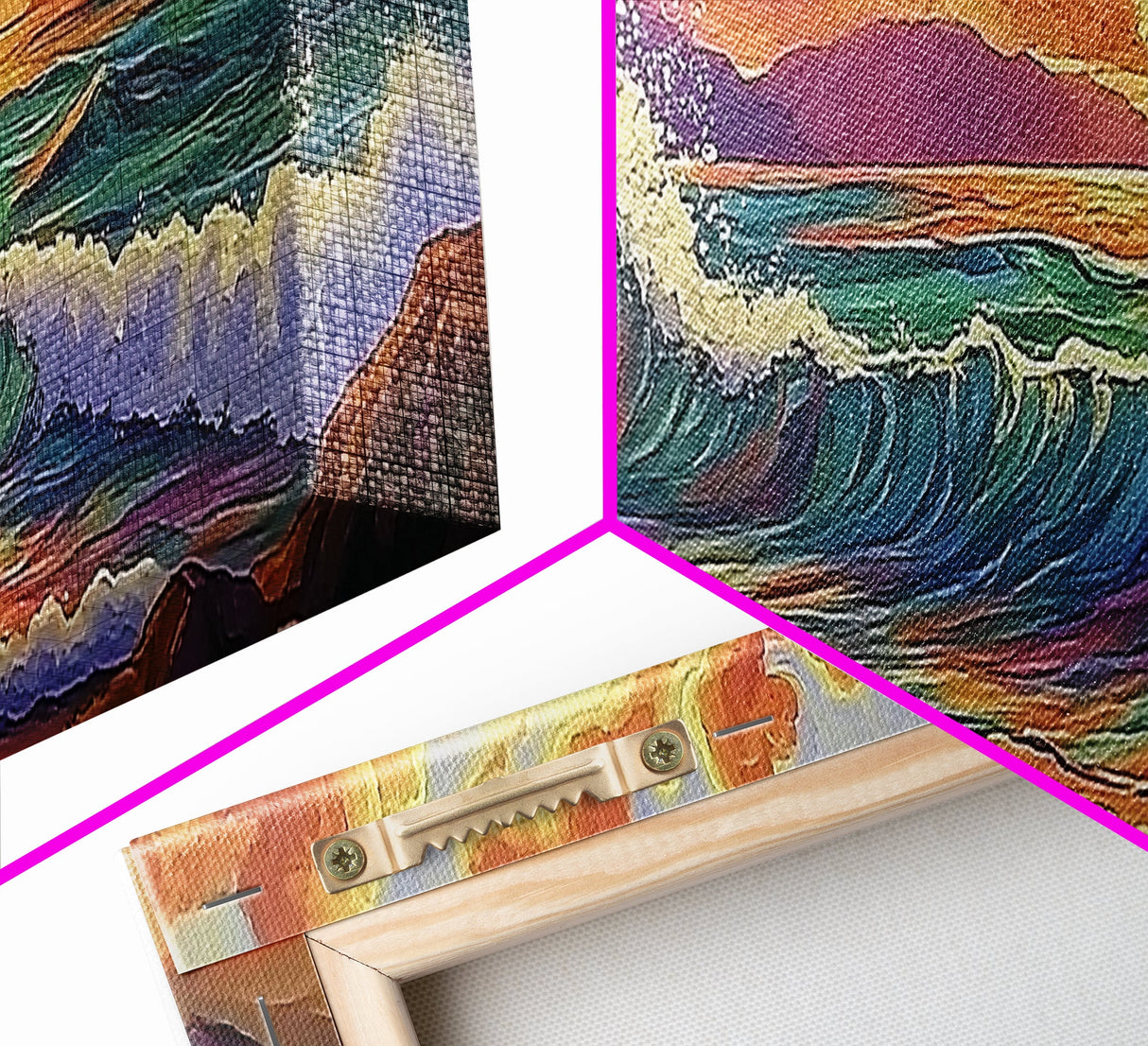 Sunset Surf, Rocky Coast, Vibrant Ocean, Evening Glow, Framed Canvas Print coastal bedroom art, surfer vibes, modern beach wall art