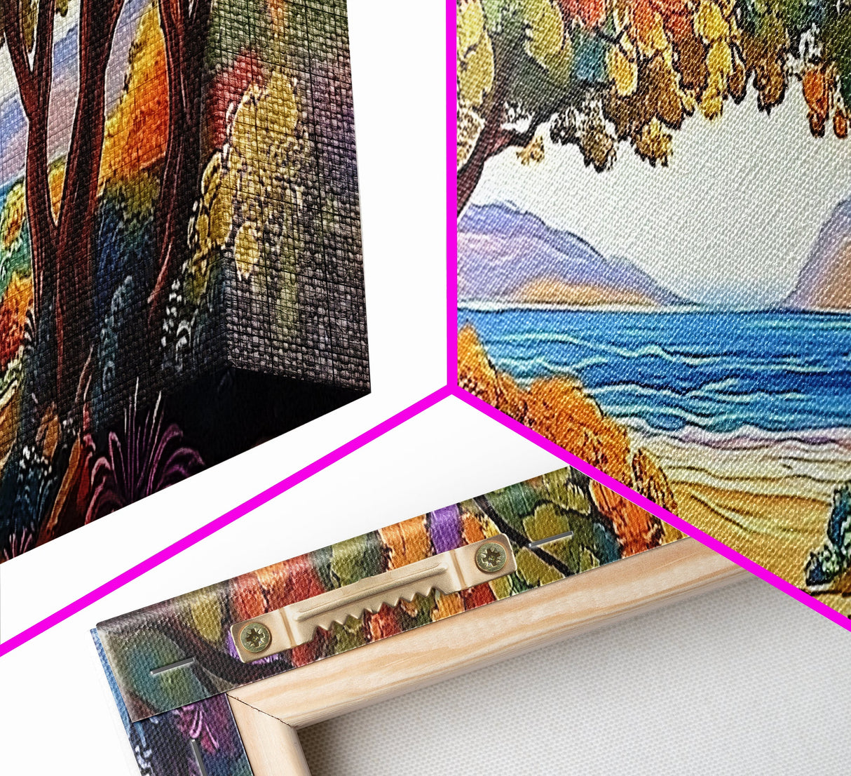 Seaside Trees, Autumn Canopy, Ocean View, Coastal Path, Framed Canvas Print colorful fall wall art, entryway decor, boho nature scene