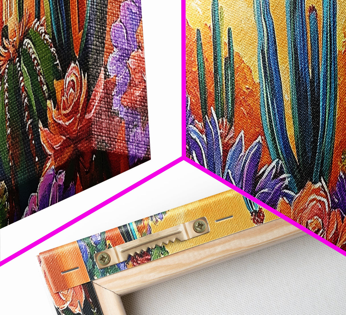 Desert Garden Magic, Colorful Cactus Landscape, Urban Nature Art, Framed Canvas Print, Living Room Southwest Decor, Boho Sunset Wall Art
