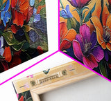 Vibrant Floral Burst, Sunset Garden, Colorful Flowers, Bold Leaves, Canvas Print, Living Room Wall Art, Boho Botanical Style