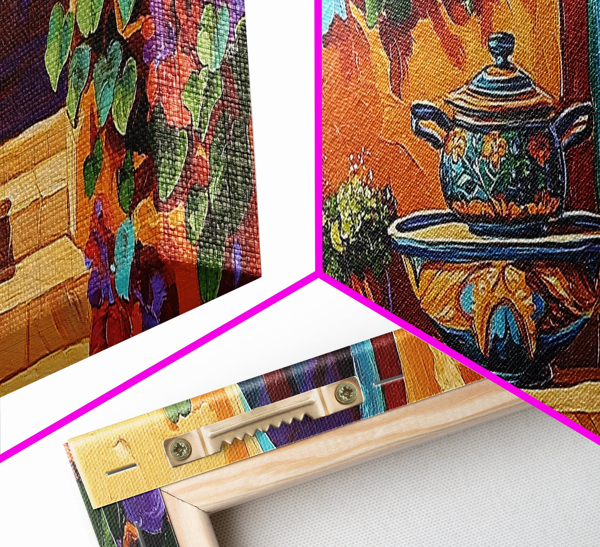 Mexican Pottery, Rustic Charm, Colorful Courtyard, Desert Plants, Framed Canvas Print, Kitchen Wall Art, Boho Decor, Spanish Style Art