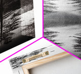 Twin Pines, Forest Reflection, Misty Lake, Black and White Nature, Framed Canvas Print, Living Room Wall Art, Nature Photography, Zen Decor