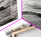 Coastal Street, Ocean View, Mediterranean Charm, Monochrome Photography, Framed Canvas Print, Living Room Print, Kitchen Wall Art