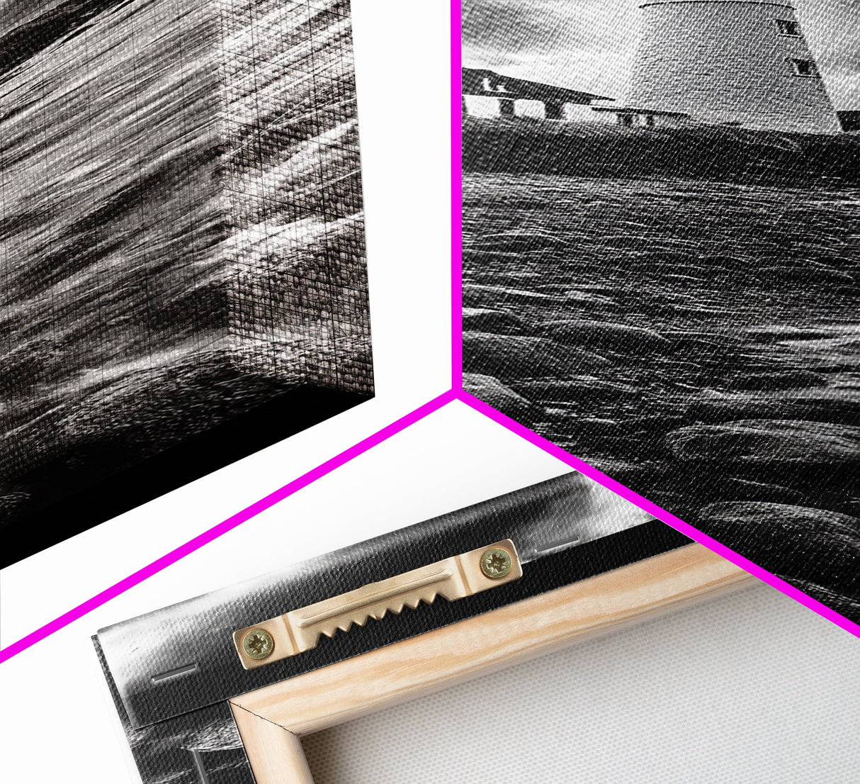 Lighthouse Drama, Coastal Storm, Rocky Shoreline Scene, Moody Ocean Sky, Framed Canvas Print, Nautical Living Room Wall Art, Black White Art