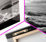 Rocky Beach, Calm Water, Summer Shore, Black White Coastal View, Framed Canvas Print Beach Wall Art, Nature Decor, Coastal Bathroom Style