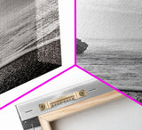 Coastal Rocks, Ocean Mist, Dreamy Seascape, Monochrome Coastline, Nature Photography Canvas Print, Moody Living Room Wall Art
