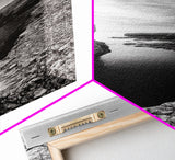 Seaside Cliffscape, Ocean Horizon, Monochrome Nature Scene, Framed Canvas Print, Coastal Living Room Art, Modern Rustic Wall Decor