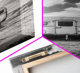 Vintage Camper, Cloudy Sky, Wanderlust Life, Desert Minimalism, Framed Canvas Print, Retro Travel Wall Art, Boho Bedroom Print, Office Art