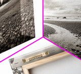 Coastal Pebble Beach, Pacific Shoreline, Serene Nature Landscape, Framed Canvas Print, Neutral Bedroom or Fall Living Room Wall Art