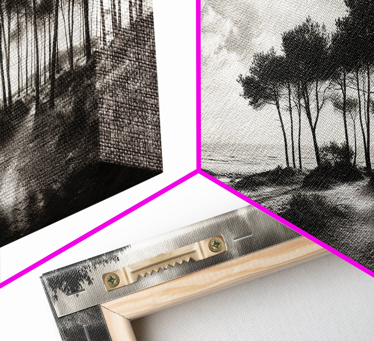 Tree Silhouettes, Coastal Pines Sunset, Nature Path Scene, Framed Canvas Print, Autumn Living Room or Rustic Cabin Wall Decor