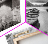 Abandoned Boat, Mountain Lake, Moody Shore, Nature Reflections, Framed Canvas Print, cabin wall art, explorer decor, grayscale nature