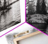 Lake Island, Pine Trees, Nature Panorama, Black and White Wilderness, Framed Canvas Print, Office Wall Art, Outdoor Inspired Decor