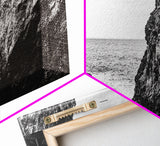 Rocky Coast View, Ocean Cliffs Art, Coastal Wilderness, Monochrome Seascape, Canvas Print, Bathroom Wall Art, Rustic Minimalist Style