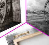 Prairie Wagon Wheel, Western Landscape, Rustic Field, Canvas Print, Country Farmhouse Wall Art, Fall Rustic Decor, Black And White Art
