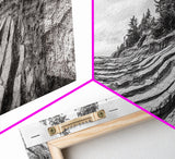 Striped Cliffs, Coastal Layers, Forest Edge, Earth Patterns, Framed Canvas Print, Nature Abstract Art, Bedroom Wall Decor