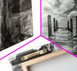 Ocean Pier, Seaside Dock, Crashing Waves, Canvas Print, Dramatic Coastal Wall Art, Black And White Decor, Bathroom Or Hallway Photography