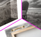 Prairie Wagon, Coastal Grass, Covered Cart, Western Landscape, Framed Canvas Print, Rustic Fall Art, Living Room Wall Decor