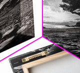 Sunset Beach View, Wide Angle Perspective, Nature Shoreline, Monochrome Landscape, Framed Canvas Print, Hallway Wall Art, Beach Decor