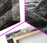Rugged Ocean View, Coastal Forest, Black and White Mountains, Pacific Northwest Vibes, Framed Canvas Print, Den Wall Art, Moody Cabin Decor