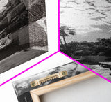 Mediterranean Villa, Palm Tree Art, Coastal Pathway, Framed Canvas Print, Living Room Decor, Summer Wall Art, Black and White Photography