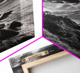 Coastal Pines, Rocky Shore, Windswept Tree, Wild Ocean Framed Canvas Print, rustic cabin art, black and white beach wall decor