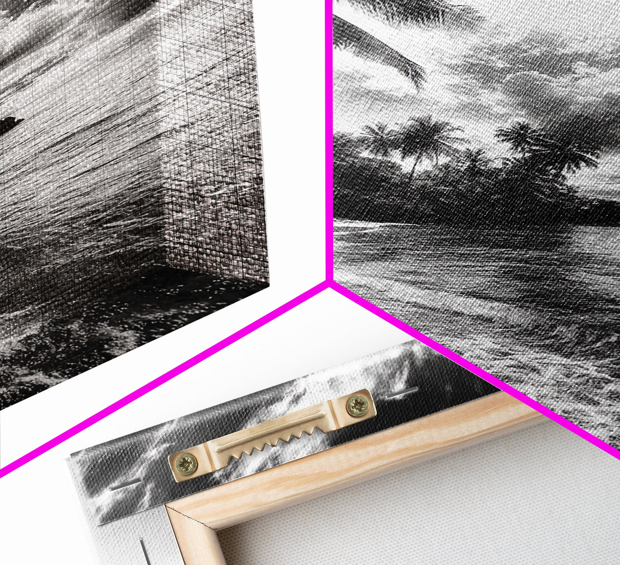 Tropical Sunset Beach, Palms and Waves, Cloudy Skies, Island Vibes, Framed Canvas Print, Coastal Wall Art, Beach House Decor
