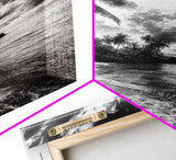 Tropical Sunset Beach, Palms and Waves, Cloudy Skies, Island Vibes, Framed Canvas Print, Coastal Wall Art, Beach House Decor
