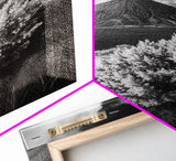 Majestic Volcano, Wild Grass, Black and White, Framed Canvas Print, Nature Photography, Office Decor, Moody Art, Rustic Wall Art