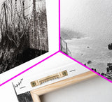 Barbed Coast, Foggy Beach, War Fence, Ocean Boundary, Framed Canvas Print, Industrial Wall Art, Living Room Decor, Black and White Art