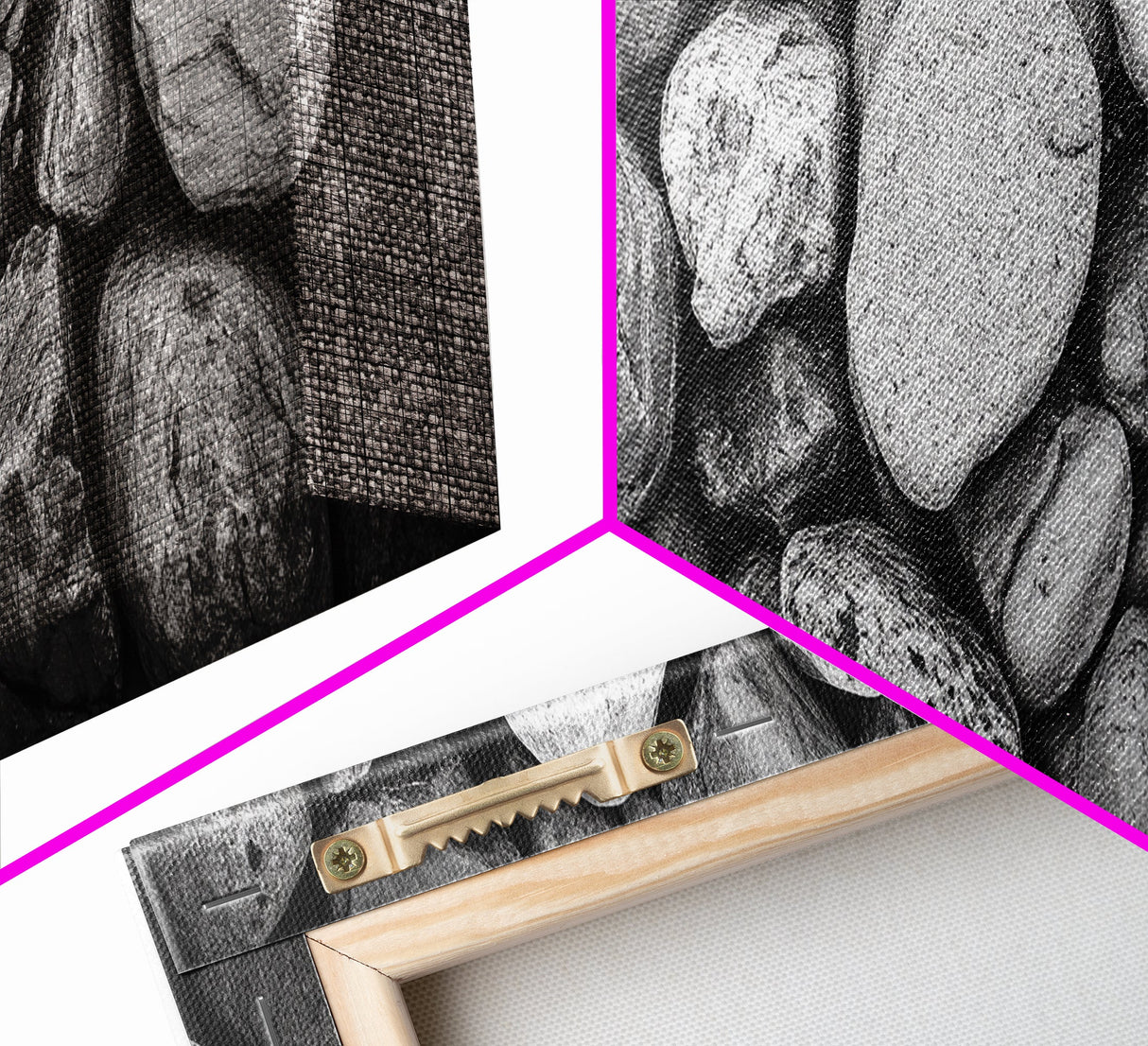 Zen Stones, Nature Texture, River Rock Closeup, Minimalist Photography, Framed Canvas Print, Spa Bathroom Wall Art, Modern Black White