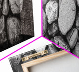 Zen Stones, Nature Texture, River Rock Closeup, Minimalist Photography, Framed Canvas Print, Spa Bathroom Wall Art, Modern Black White