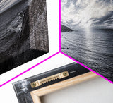 Cloudy Horizon, Wide Ocean View, Coastal Cliffs, Framed Canvas Print, dramatic seascape wall art, coastal kitchen decor, black and white