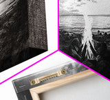 Seaside Fire, Coastal Camp, Black White, Night Shore, Framed Canvas Print, Fall decor, rustic outdoor art, cozy cabin wall art, man cave