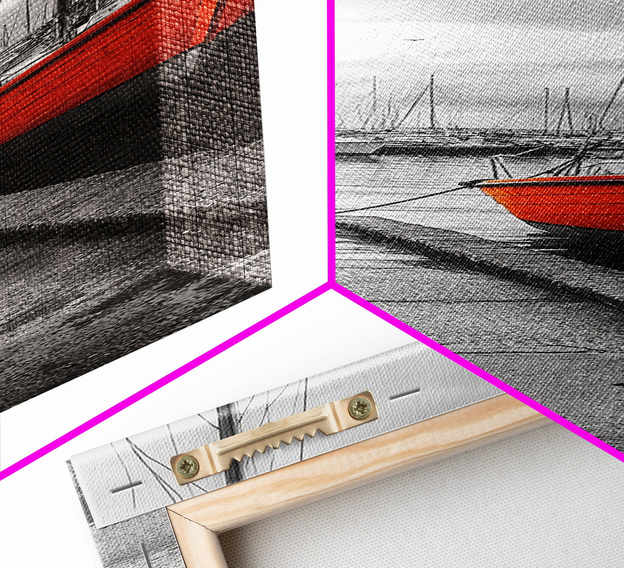 Vibrant Boat, Dockside Scene, Nautical Decor, Color Accent, Framed Canvas Print, Black and White Photography, Coastal Wall Art, Bathroom Art