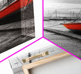 Vibrant Boat, Dockside Scene, Nautical Decor, Color Accent, Framed Canvas Print, Black and White Photography, Coastal Wall Art, Bathroom Art