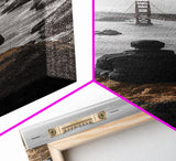 Golden Gate, Solitude View, Man on Cliff, Iconic Bridge, Framed Canvas Print, Travel Wall Art, Office Inspiration, Moody Coastal Decor