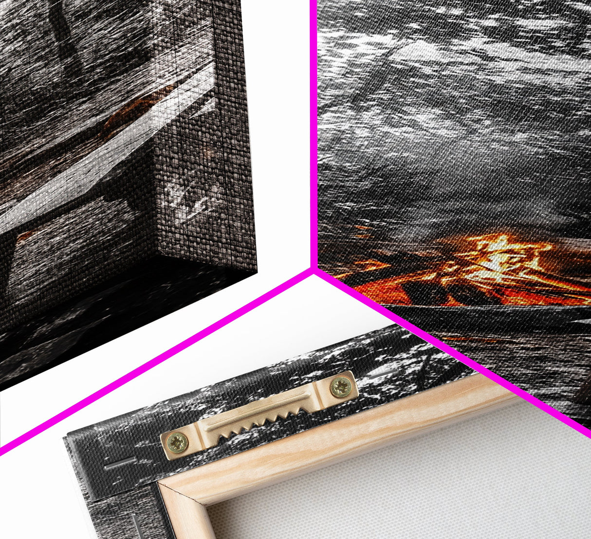 Forest Firepit, Glowing Flames, Wilderness Night, Framed Canvas Print, Camping Wall Art, Rustic Fall Decor, Cabin Living Style