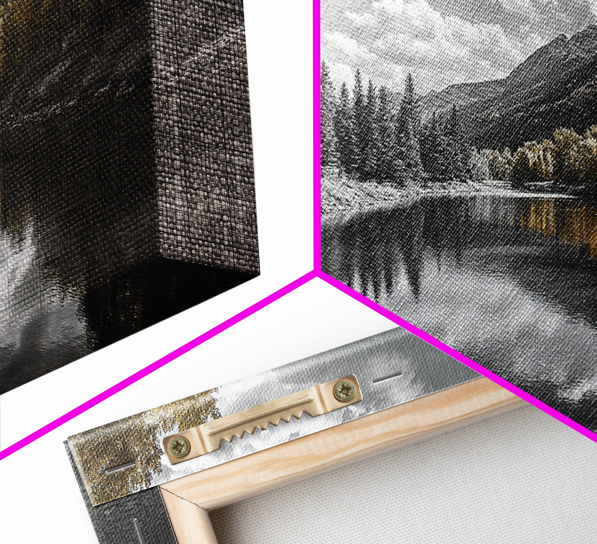 Lake, Mountains, Trees, Reflective mountain lake landscape in this Framed Canvas Print, peaceful Nature Lover Living Room Wall Art
