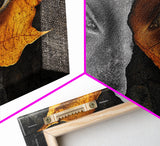 Eyes, Autumn, Leaves, Emotional duality in surreal leaf-face art on this Framed Canvas Print, Fall Decor and Unique Modern Living Room Art