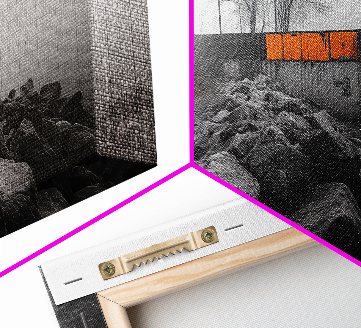Fog Wall, Concrete Graffiti, Misty Lake Path, Framed Canvas Print, Urban Nature Blend, Moody Art, Hallway Decor, Modern Grayscale Style