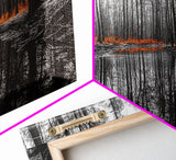 Reflected Forest, Orange Leaves, Tranquil River, Monochrome Fall, Canvas Print, Rustic Decor, Bedroom Wall Art, Woodland Scene