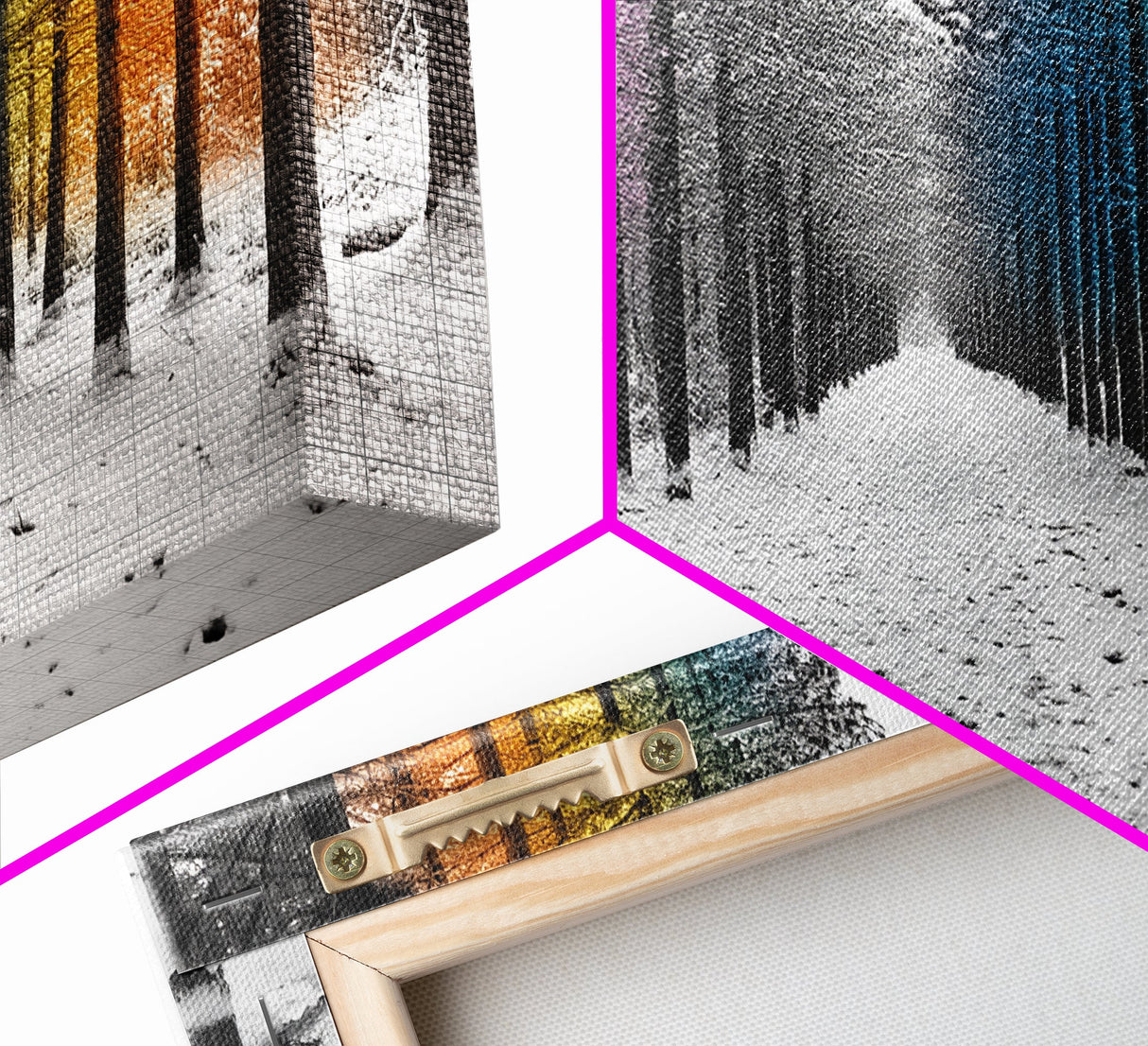 Snowy Pines, Rainbow Forest, Winter Walkway, Colorful Trees, Canvas Print, Whimsical Art, Nursery Wall Art, Minimalist Nature Style