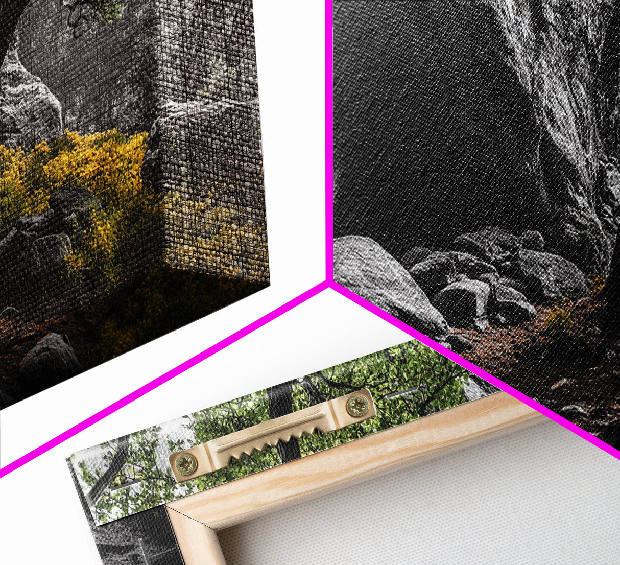 Forest Cave, Green Tree, Yellow Wildflowers, Peaceful Nature, Framed Canvas Print, Rustic Wall Decor, Cabin Living Room Art, Landscape