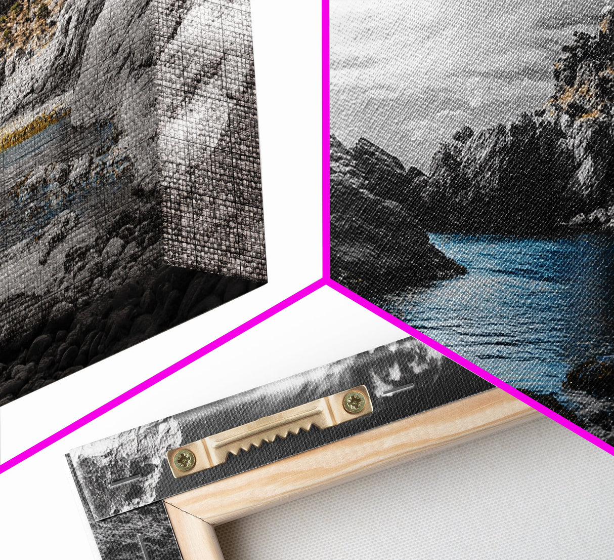 Hidden Cove, Blue Waters, Rugged Coast, Rocky Escape, Canvas Print, Nature Wall Art, Minimalist Seascape, Monochrome Landscape
