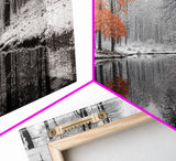Orange Tree, Snow Forest, Winter River, Autumn Contrast, Canvas Print, Fall Wall Decor, Living Room Art, Nature Photography, Moody Art