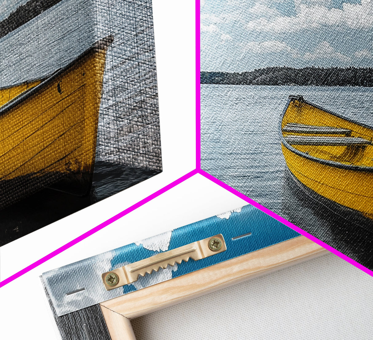 Yellow Rowboat, Calm Waters, Blue Sky, Sunny Lake – Framed Canvas Print, Summer Wall Art, Coastal Decor, Modern Nautical Style