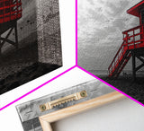 Red Lifeguard Tower, Beachscape, Dramatic Sky, Coastal Life, Framed Canvas Print, Modern Beach Wall Art, Bold Bathroom Decor