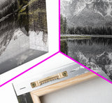 Serene Lake, Snowy Peaks, Forest Reflection, Canvas Print, Nature Photography, Modern Living Room Art, Black White Green Decor