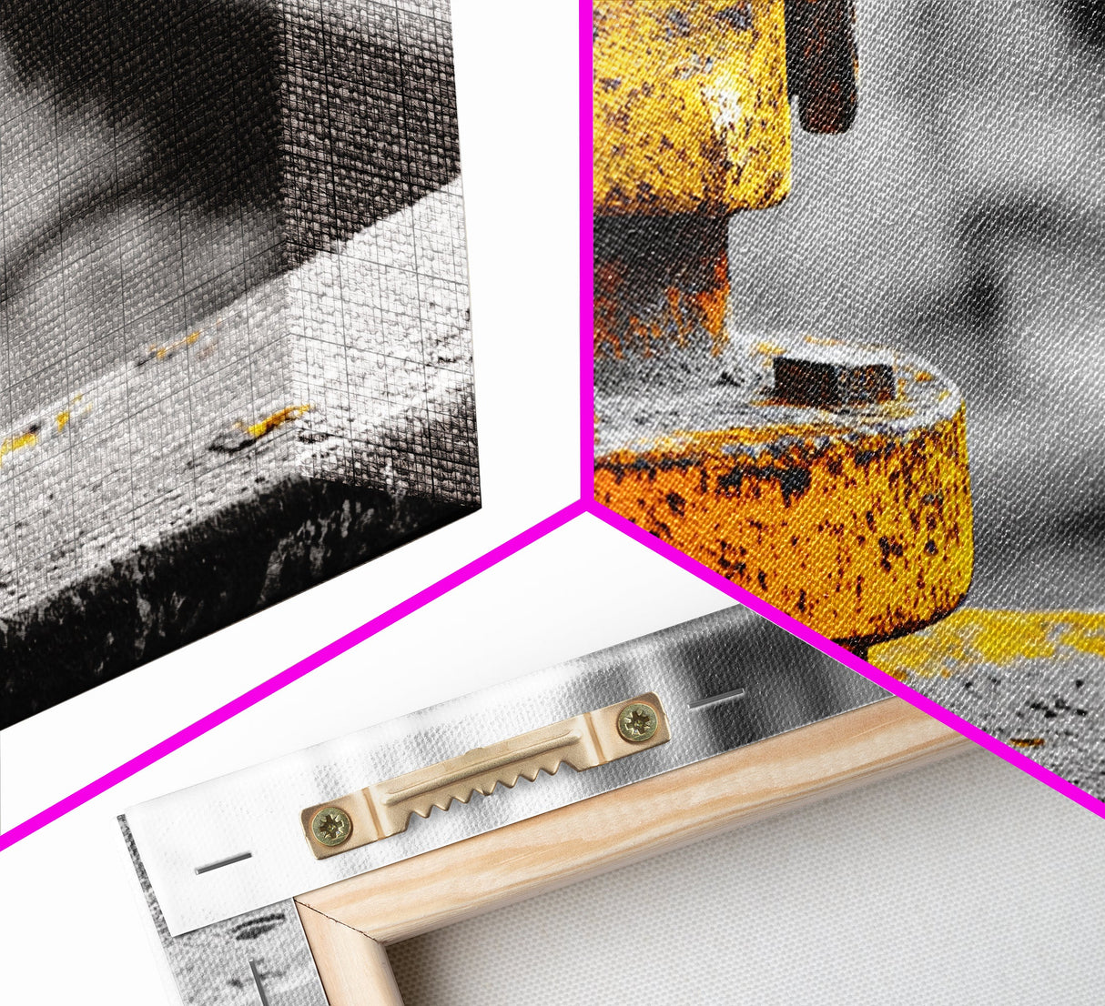 Industrial Bolt Closeup, Yellow Metal, Grunge Texture, Modern Industrial Art, Framed Canvas Print, Garage Wall Decor, Urban Loft Style